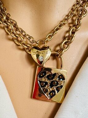 bebe Gold-Tone Layered Heart Padlock Necklace with Black Accents